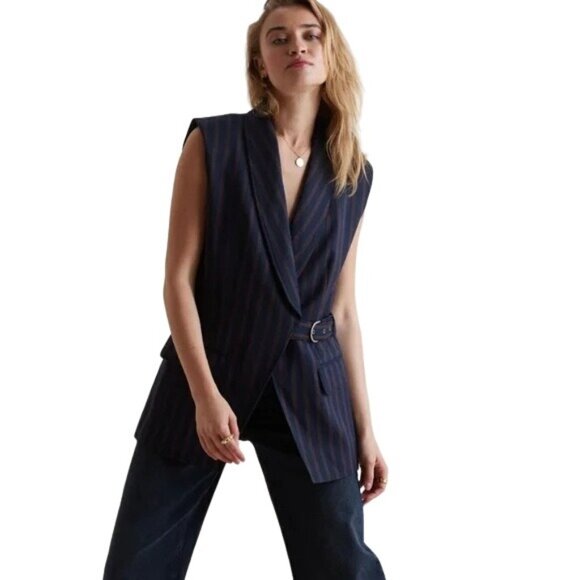 Anthropologie Navy Red Striped Side Buckle Vest Womens Size Small - Picture 1 of 8